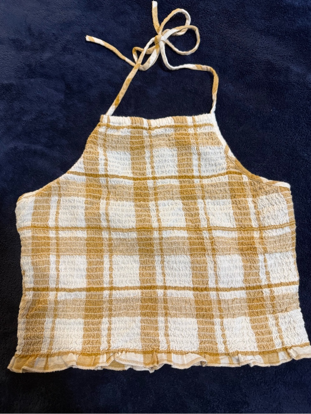 American Eagle Mustard and Cream Plaid Halter Crop Top